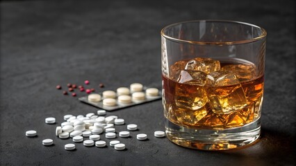 glass of whiskey with scattered pills symbolizes