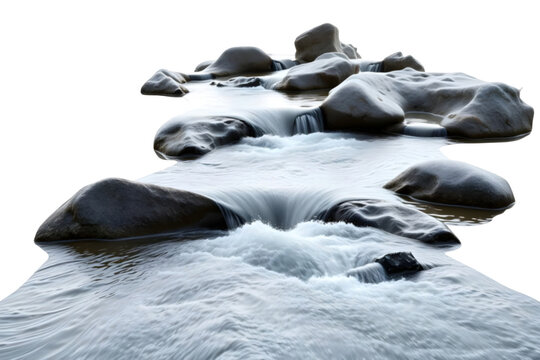 A flowing water river with rocks on transparent background