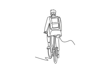 Single continuous line drawing back view young businessman commuter with backpack on the way to work, riding bike on the street, sustainable lifestyle. One line draw graphic design vector illustration