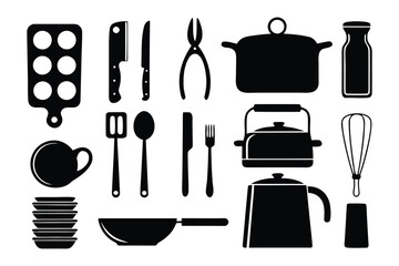 A collection of black silhouette icons representing various kitchen utensils and cookware items for culinary preparation and serving needs