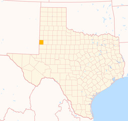 Map of the County Yoakum (Texas, US) showing the Federal State with the highlighted County