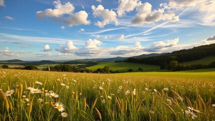 Fototapeta premium Weite Sommerlandschaft mit Wiesen voller Gänseblümchen und dramatischem Wolkenhimmel, lebendig und klar, perfekt für Naturthemen.