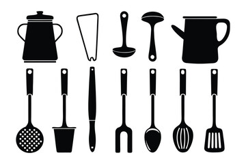 A collection of black silhouette kitchen utensils including pots ladles spatulas and serving spoons displayed on a white background