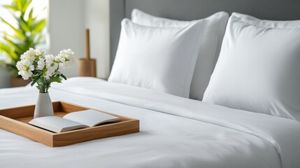 Cozy and Inviting Bedroom Scene with Fresh Flowers and Open Book on Wooden Tray