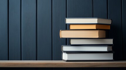 Collection of Colorful Books Stacked on Wooden Shelf Against Dark Blue Wooden Wall