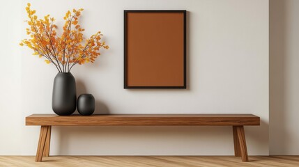 Elegant interior design with wooden bench, decorative vases, and autumn foliage display