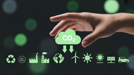 Hand over green co2 cloud with renewable energy icons for environmental sustainability concept art