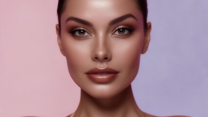 Fototapeta premium Young caucasian female with elegant makeup against gradient background
