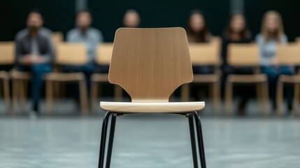 Empty chair in an auditorium with blurred audience in background, waiting for presentation