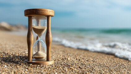 hourglass on sandy beach with ocean in background — symbol of time, vacation moments, perfect for travel blogs, mindfulness content, or philosophical articles
