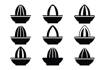 A collection of simple black and white vector icons depicting manual citrus juicers arranged in a grid pattern on a white background