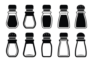 Collection of ten black and white vector icons depicting various styles of salt and pepper shakers with different lid designs and body shapes