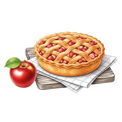 Delicious strawberry pie with a fresh red apple isolated on transparent background