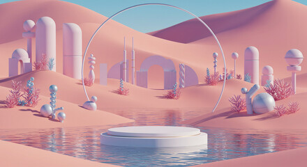 Futuristic fantasy, Fantasy world image. 3d render of surreal landscape with water and colorful sand. Podium, display on the background. Pastel Desert Oasis with Crystals and Product Display.