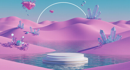 Futuristic fantasy, Fantasy world image. 3d render of surreal landscape with water and colorful sand. Podium, display on the background. Pastel Desert Oasis with Crystals and Product Display.