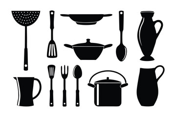 A collection of black silhouette icons representing various kitchen utensils and cookware items arranged on a white background
