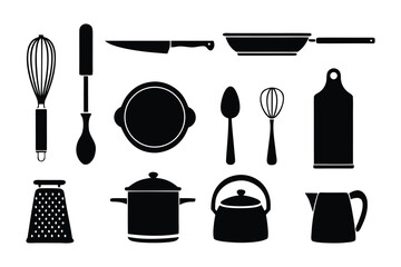 A collection of black silhouette icons featuring essential kitchen utensils and cookware against a white background