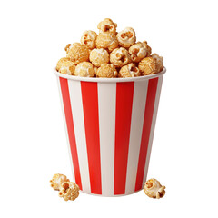 Classic red and white striped bucket overflowing with caramel popcorn isolated on transparent background