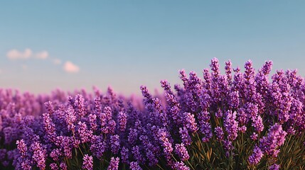 Obraz premium Field of violet flowers in full bloom stretching to the horizon under a pale blue sky with soft clouds.