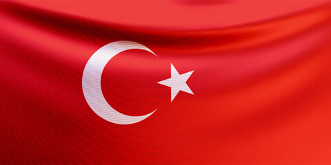Realistic Turkish flag with fabric texture. Wavy red flag of the Republic of Turkey with a white crescent moon and star. Patriotic symbol country for celebration Victory day. 3d vector illustration