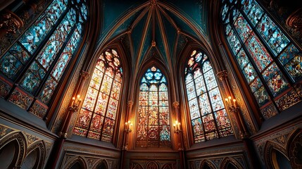 Fototapeta premium Large Colorful Stained Glass Window in Church Interior