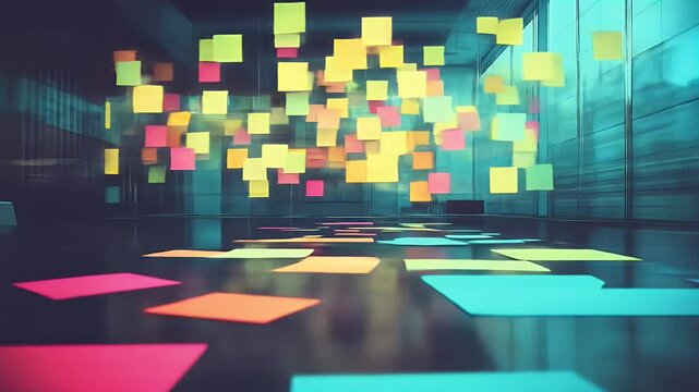 Colorful sticky notes affixed to a glass wall, with some scattered on the floor