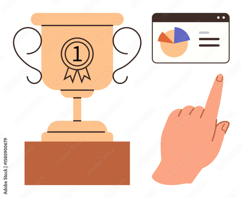 Poster golden trophy with handle and number one badge beside pointing hand and browser chart with pie and b