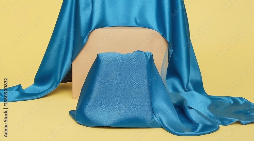 Poster Blue fabric on podium shelf or empty studio display on yellow gradient background with art style. Blank stand for showing product. 3D rendering