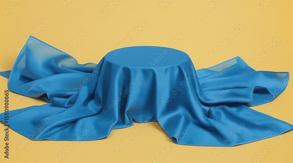 Poster blue fabric on podium shelf or empty studio display on yellow gradient background with art style. bl