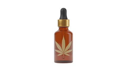 Amber glass dropper bottle with golden cannabis leaf emblem isolated on transparent background