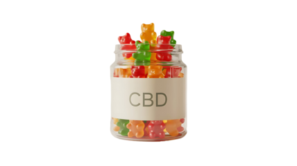 Jar of colorful cbd gummy bears with a label isolated on transparent background