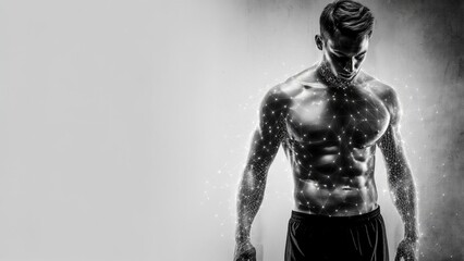 Fototapeta premium Fit caucasian male with digital network effect showcasing muscular physique