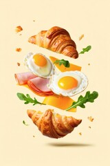 Floating Deconstructed Croissant Sandwich with Eggs, Cheese, and Ham, Perfect for Breakfast Advertising