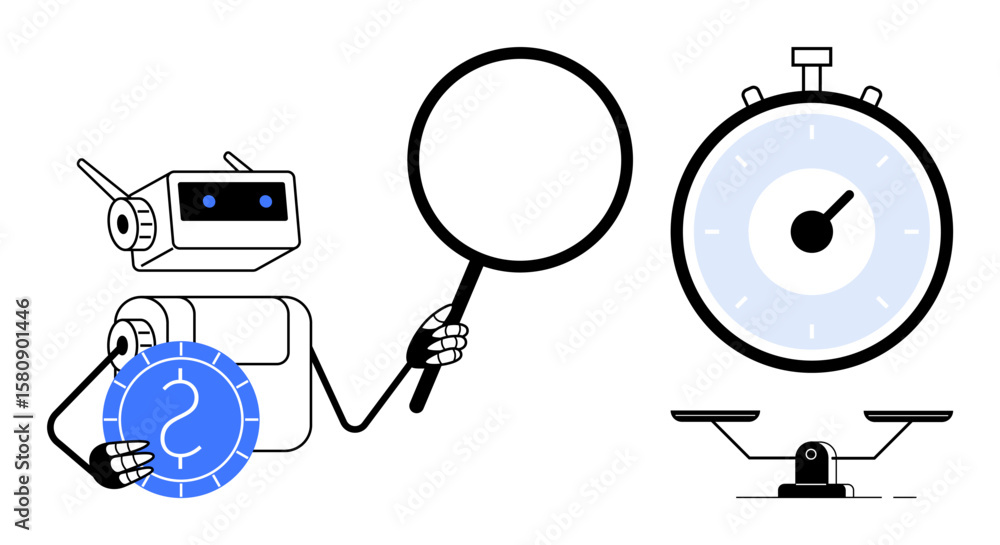 Poster robot holding magnifying glass and disc, analyzing stopwatch and scale emphasizing time management, 