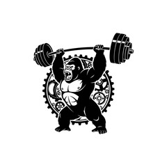 A powerful gorilla is lifting a barbell with a gear background isolated on white © Nur
