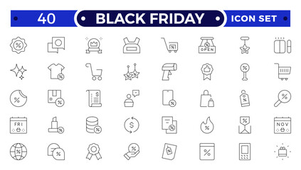 Black Friday Outline icon set. Shopping and e-commerce, cart, discount, gift, holidays sale, wallet, store. Outline icons pack.