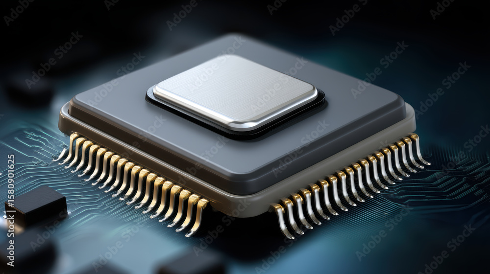 Poster close up of microchip on circuit board, showcasing intricate details and metallic components, symbol