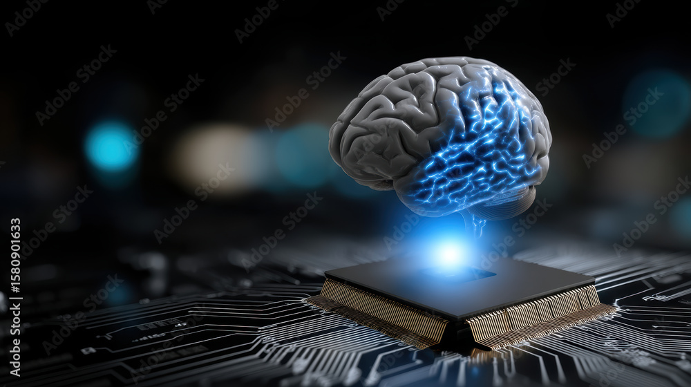 Poster artificial intelligence concept with brain and microchip, symbolizing technology and innovation