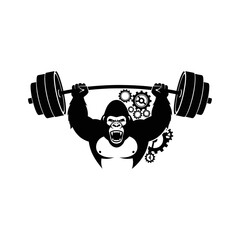 A strong gorilla weightlifter with gears symbolizes mechanical strength and fitness © Nur