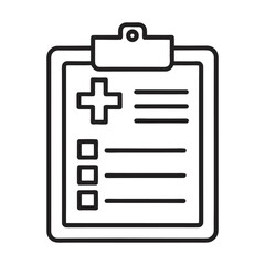 Medical Report or Patient Clipboard Icon. Filled line illustration of a clipboard with a medical cross and text. Editable vector for healthcare, diagnosis, or health records