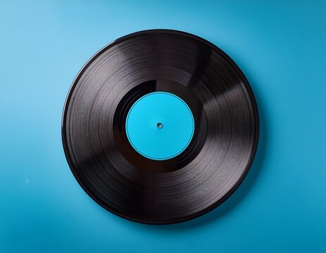 flat lay of a vintage vinyl record with a blue label on a light blue background perfect for music and retro themed designs