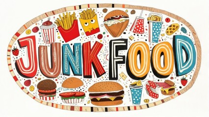Colorful junk food collage featuring burgers, fries, pizza, and sodas with bold typography