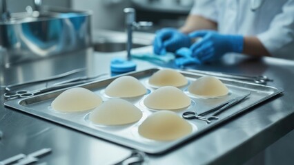 Silicone breast implants on sterile tray in medical lab setting