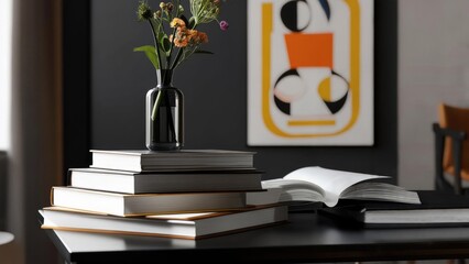 Modern interior with artistic decor and stacked books on black table