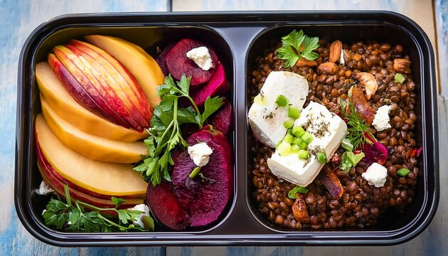a vibrant vegetarian french bento featuring lentil salad roasted beetroot creamy goat cheese and sweet pear slices - Powered by Adobe