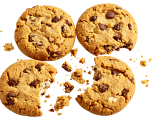  Scattered Oatmeal Chocolate Chip Cookies with Cream Center, Close-Up Diagonal Layout, Transparent Background