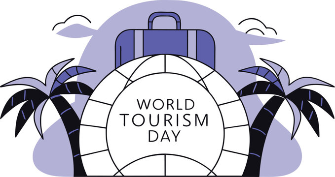 Global travel celebration emblem design template for international tourism day featuring vibrant colors and classic typography for branding and promotion