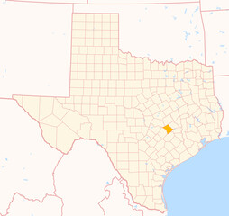 Map of the County Lee (Texas, US) showing the Federal State with the highlighted County