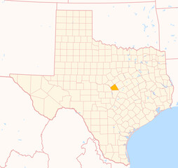 Map of the County Lampasas (Texas, US) showing the Federal State with the highlighted County