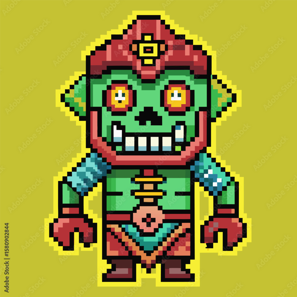 Poster retro pixel art zombie character with green skin and red outfit in 8 bit style on lime green backgro